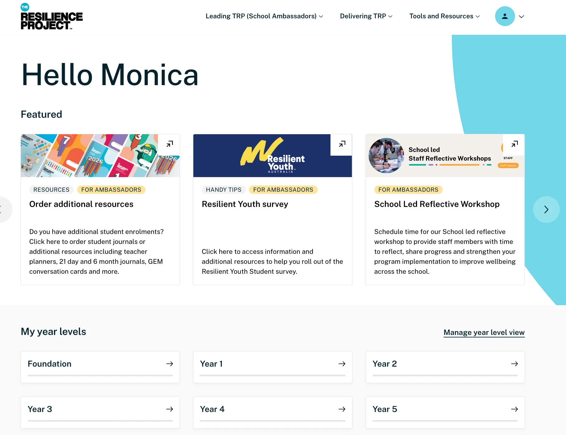 The Resilience Project's online Teaching Hub showing featured resources, the Resilient Youth survey and year-level lessons