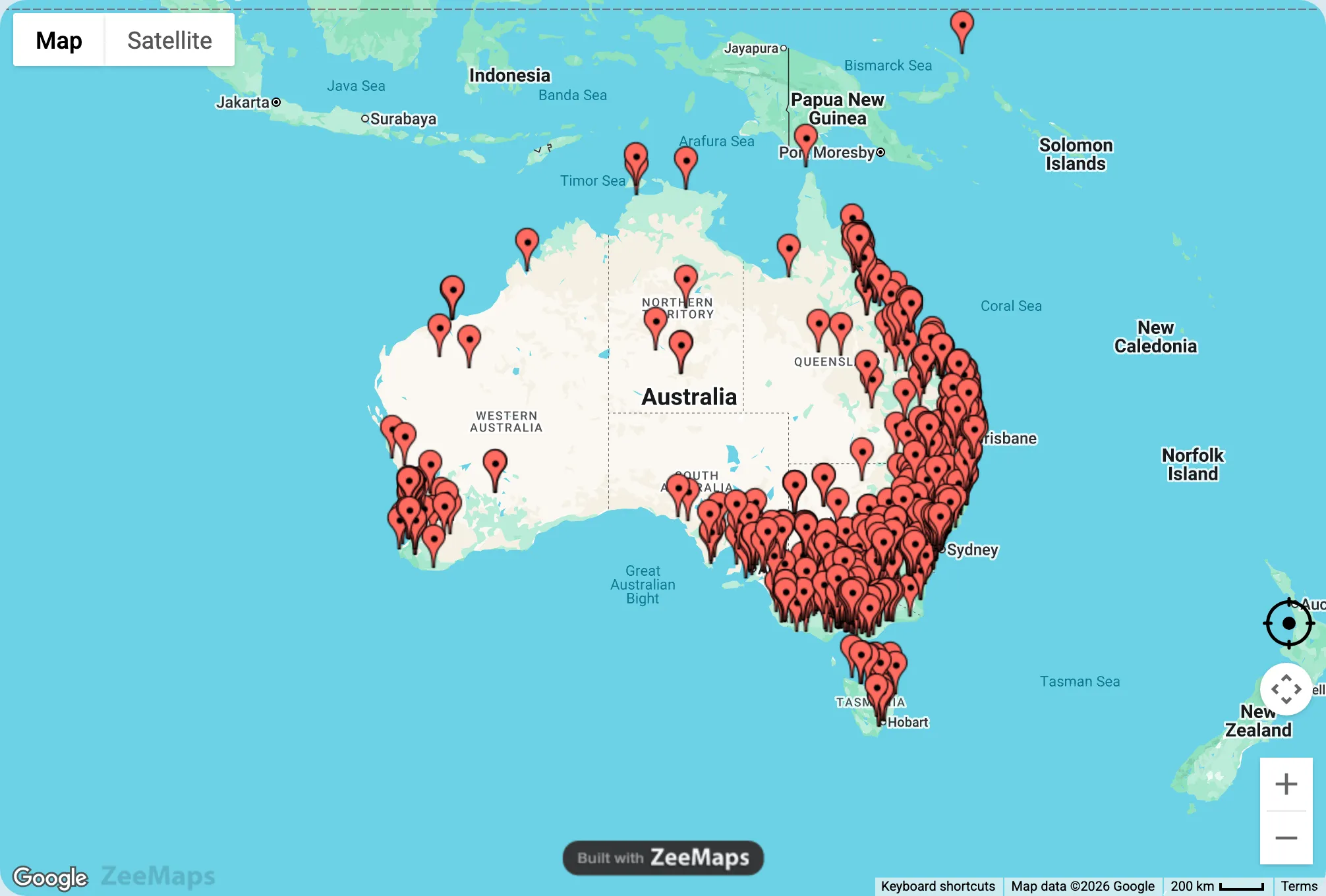 Map of Australia showing the locations of 1,100+ partner schools, marked with red pins