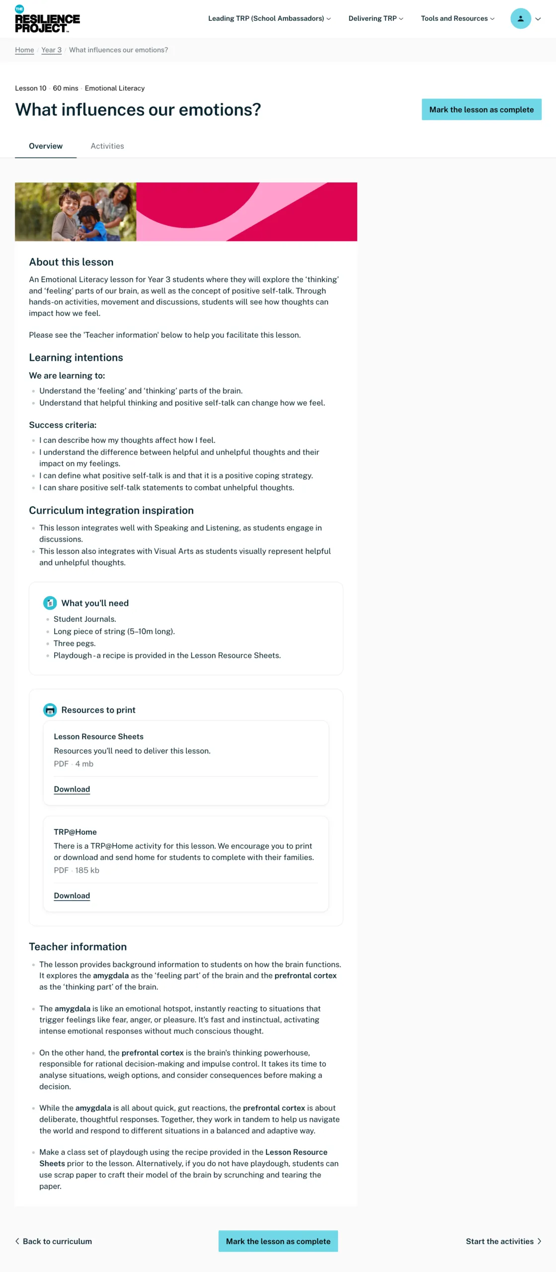 Sample Year 3 lesson plan from the Online Hub — page 1