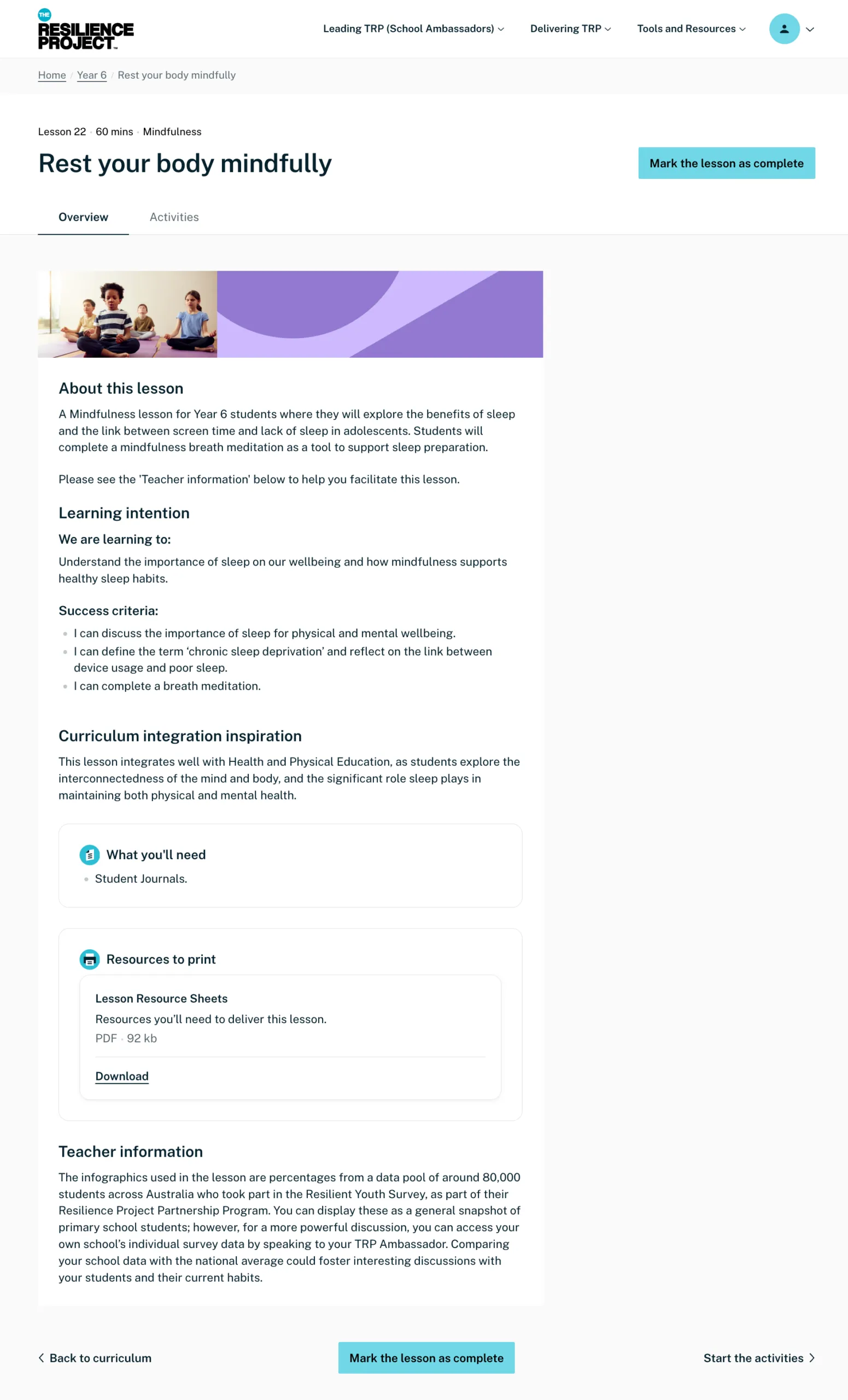Sample Year 6 lesson plan from the Online Hub — page 1
